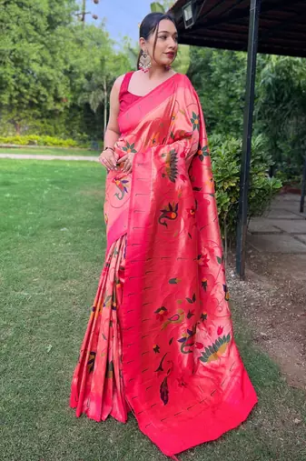 traditional pink silk blend saree with vibrant floral motifs