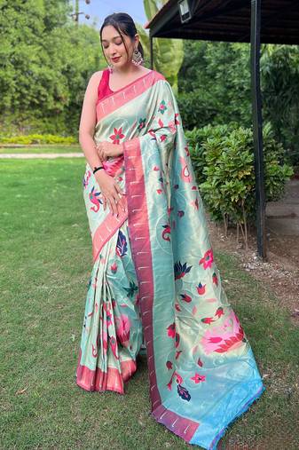 Traditional sky blue slk blend saree with vibrant floral motifs