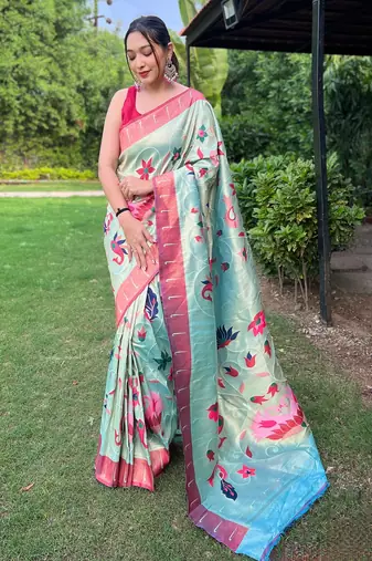 Traditional sky blue slk blend saree with vibrant floral motifs
