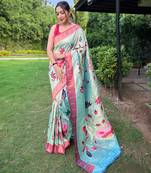 Traditional sky blue slk blend saree with vibrant floral motifs
