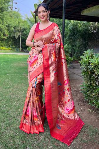 traditional wine silk blend saree with vibrant floral motifs