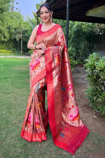 traditional wine silk blend saree with vibrant floral motifs