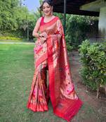 Traditional wine paithani saree with vibrant floral motifs