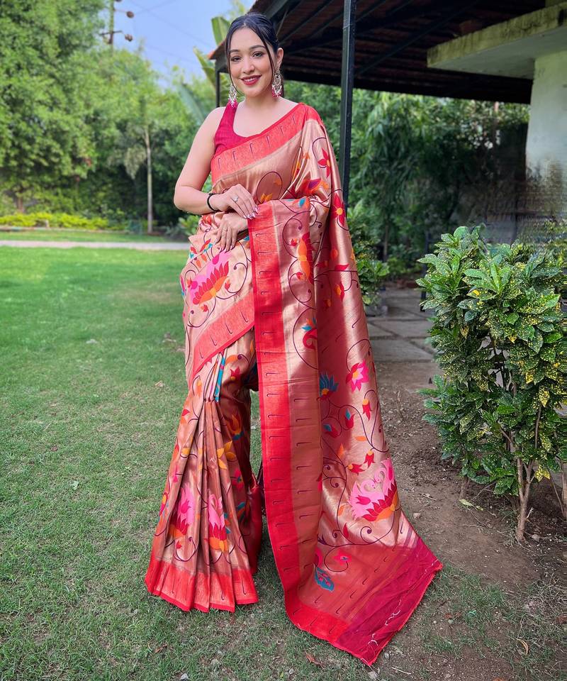 Traditional wine paithani saree with vibrant floral motifs