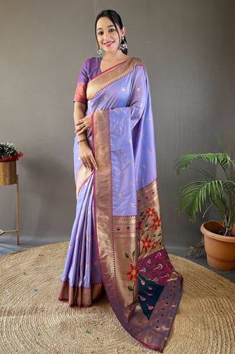Lavender color silk blend saree with rich contrast weaving pallu & border and beautiful buttis