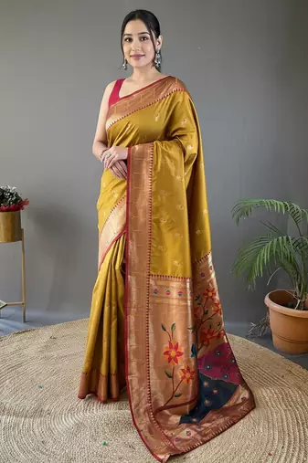 musterd color silk blend saree with rich contrast weaving pallu & border and beautiful buttis