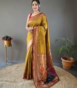 Musterd color paithani silk blend saree with rich contrast weaving pallu & border and beautiful buttis