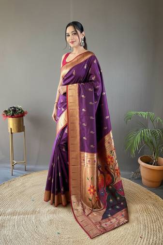 Wine color silk blend saree with rich contrast weaving pallu & border and beautiful buttis