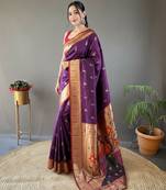 Wine color silk blend saree with rich contrast weaving pallu & border and beautiful buttis