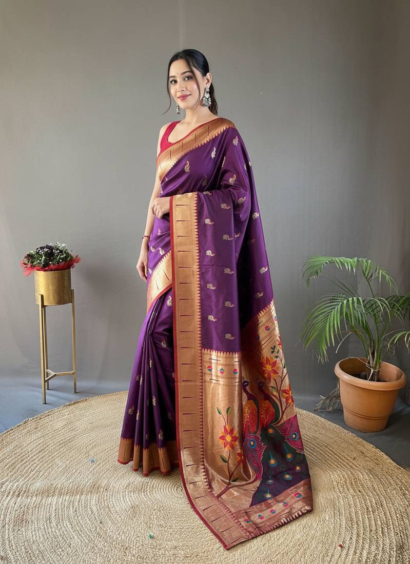 Wine color silk blend saree with rich contrast weaving pallu & border and beautiful buttis