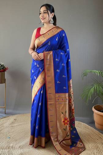 royal blue color silk blend saree with rich contrast weaving pallu & border and beautiful buttis