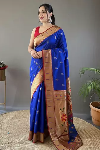 royal blue color silk blend saree with rich contrast weaving pallu & border and beautiful buttis
