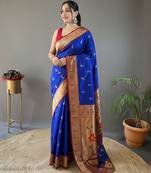 Royal blue color paithani silk blend saree with rich contrast weaving pallu & border and beautiful buttis