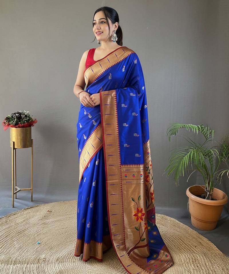 Royal blue color paithani silk blend saree with rich contrast weaving pallu & border and beautiful buttis