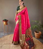 Pink color paithani silk blend saree with rich contrast weaving pallu & border and beautiful buttis