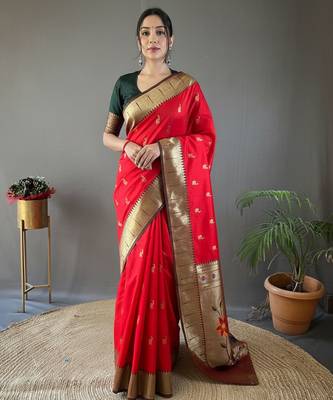 Red color silk blend saree with rich contrast weaving pallu & border and beautiful buttis 1