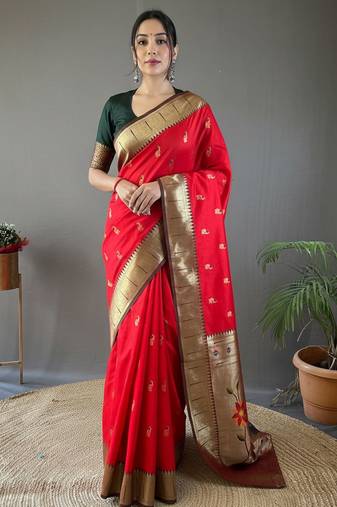 Red color silk blend saree with rich contrast weaving pallu & border and beautiful buttis