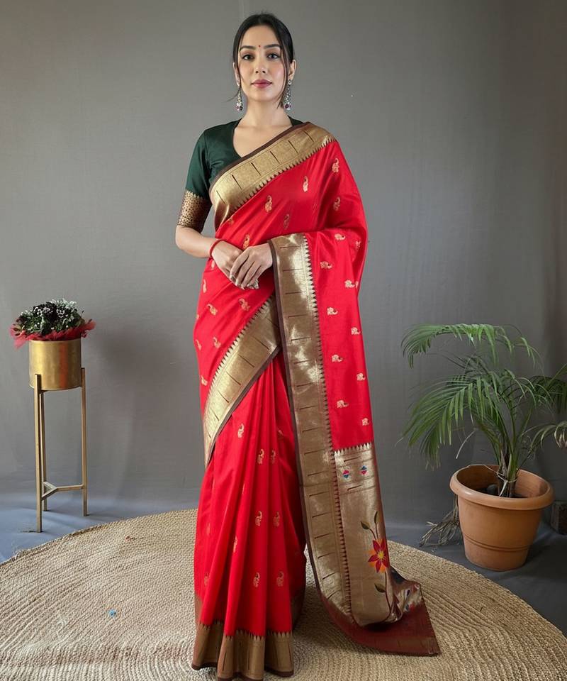 Red color silk blend saree with rich contrast weaving pallu & border and beautiful buttis
