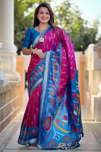 Rani pink art silk blend ikkat and patola weaving concept saree & contrast blouse