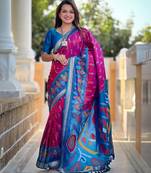 Rani pink art silk blend ikkat and patola weaving concept saree & contrast blouse