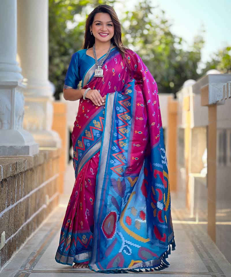 Rani pink art silk blend ikkat and patola weaving concept saree & contrast blouse