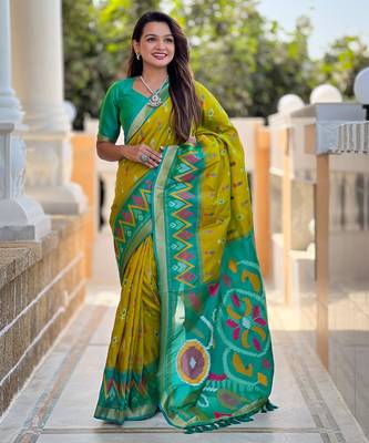 Lemon yellow silk blend ikkat and patola weaving concept saree & contrast blouse 1