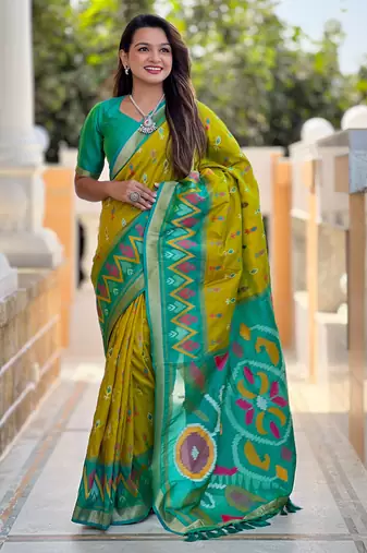 Lemon yellow silk blend ikkat and patola weaving concept saree & contrast blouse