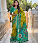 Lemon yellow silk blend ikkat and patola weaving concept saree & contrast blouse