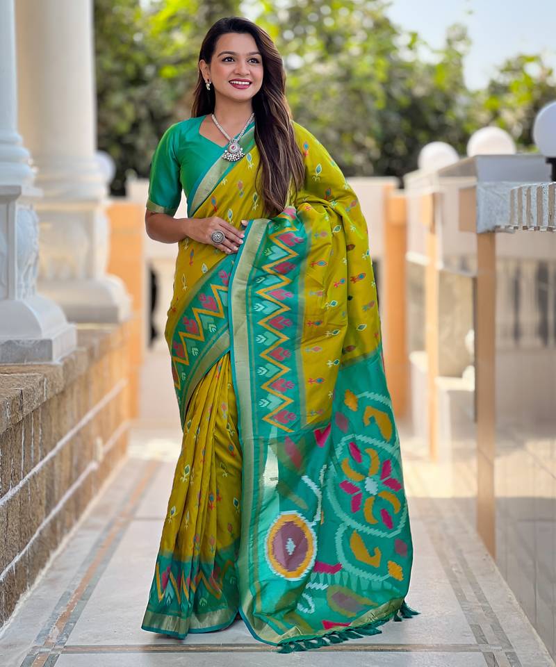 Lemon yellow silk blend ikkat and patola weaving concept saree & contrast blouse