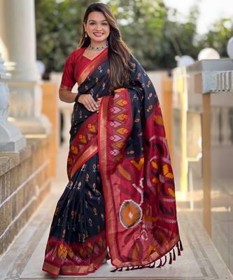 Black silk blend ikkat and patola weaving concept saree & contrast blouse 1