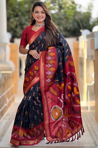 Black silk blend ikkat and patola weaving concept saree & contrast blouse