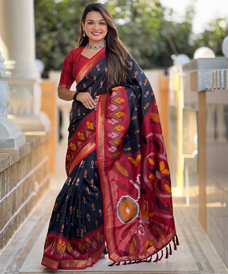 Black silk blend ikkat and patola weaving concept saree & contrast blouse