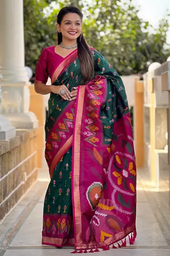 Green silk blend ikkat and patola weaving concept saree & contrast blouse