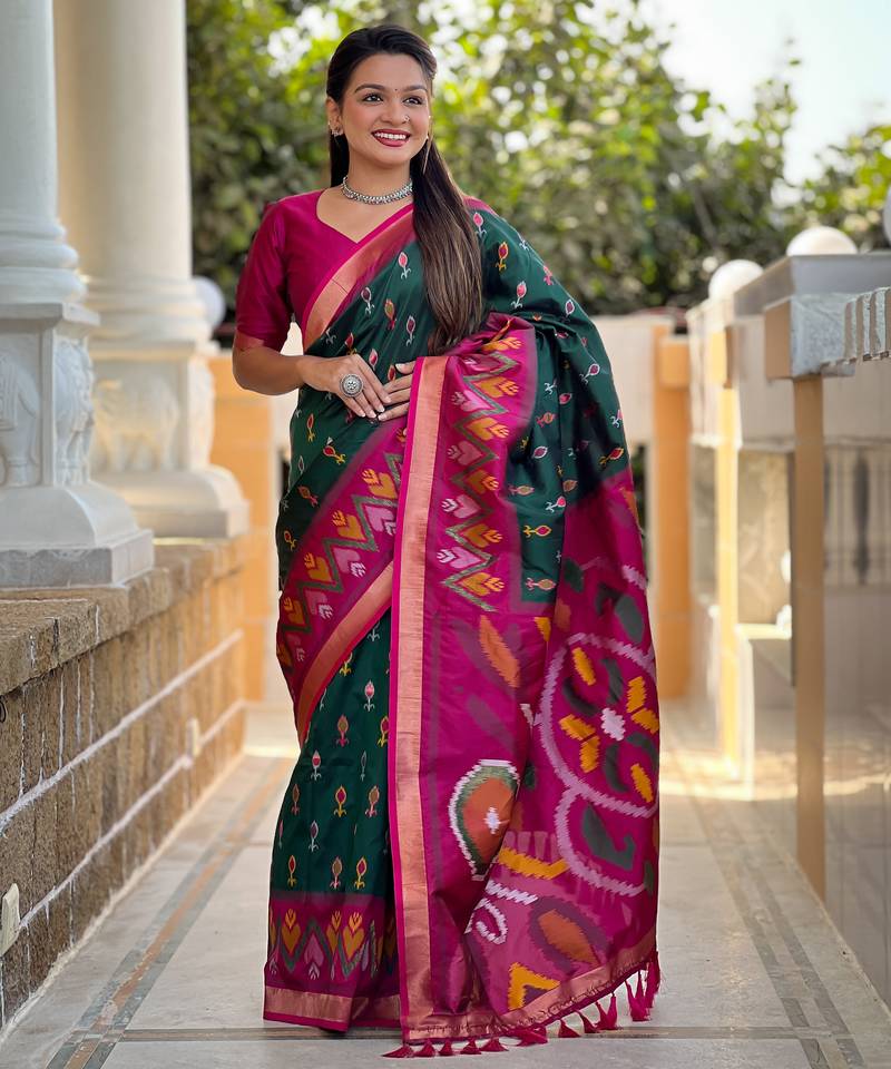 Green silk blend ikkat and patola weaving concept saree & contrast blouse