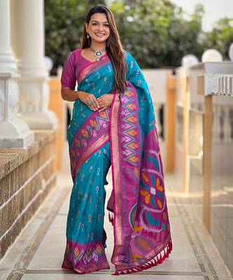 Sky blue silk blend ikkat and patola weaving concept saree & contrast blouse 1