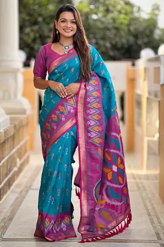 Sky blue silk blend ikkat and patola weaving concept saree & contrast blouse