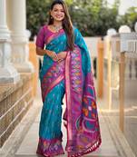 Sky blue silk blend ikkat and patola weaving concept saree & contrast blouse