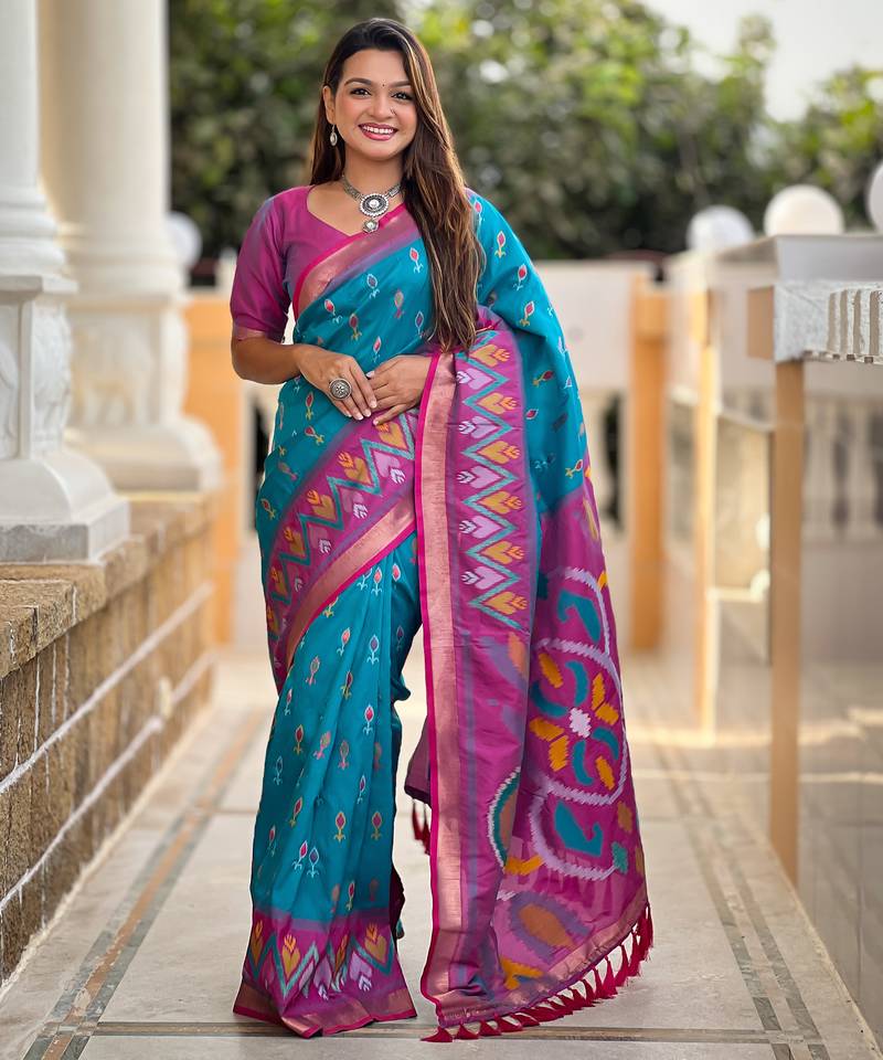 Sky blue silk blend ikkat and patola weaving concept saree & contrast blouse