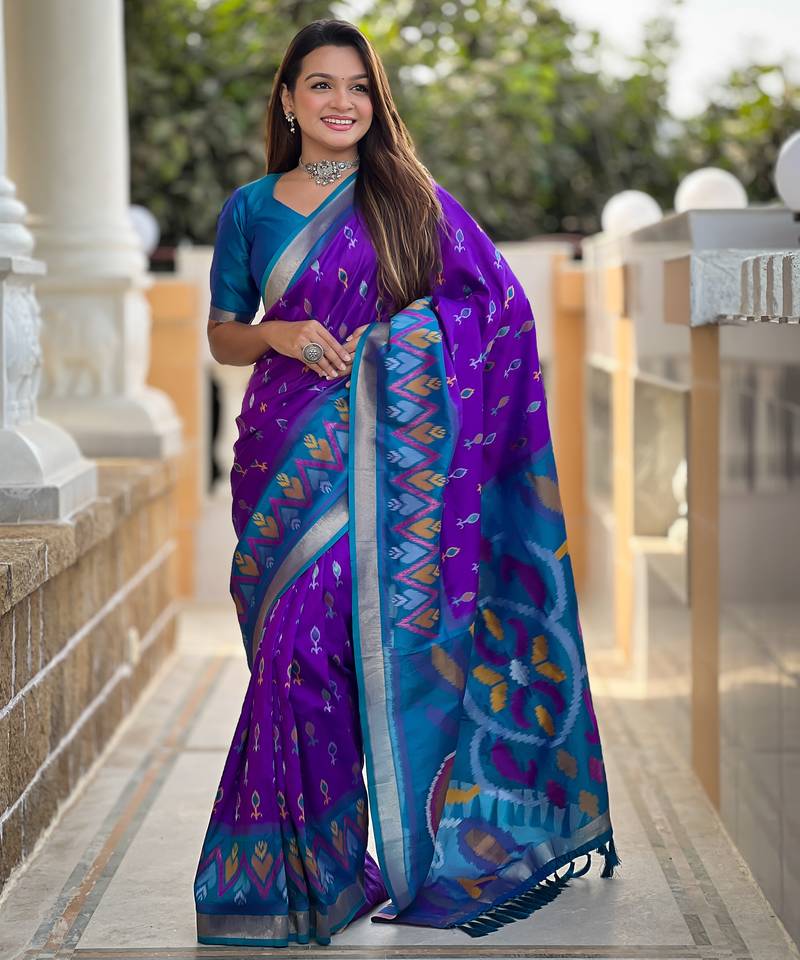 Purple art silk ikkat and patola weaving concept saree & contrast blouse