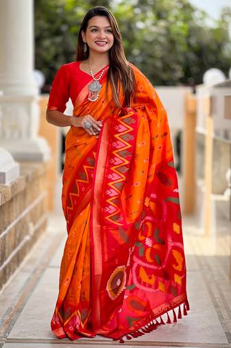 Orange art silk ikkat and patola weaving concept saree & contrast blouse