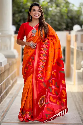 orange art silk ikkat and patola weaving concept saree & contrast blouse