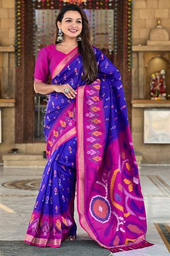 Royal blue silk blend ikkat and patola weaving concept saree & contrast blouse