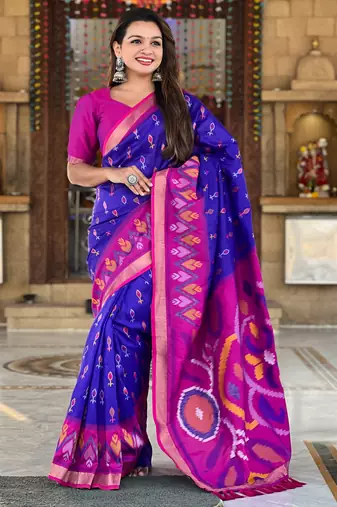Royal blue silk blend ikkat and patola weaving concept saree & contrast blouse