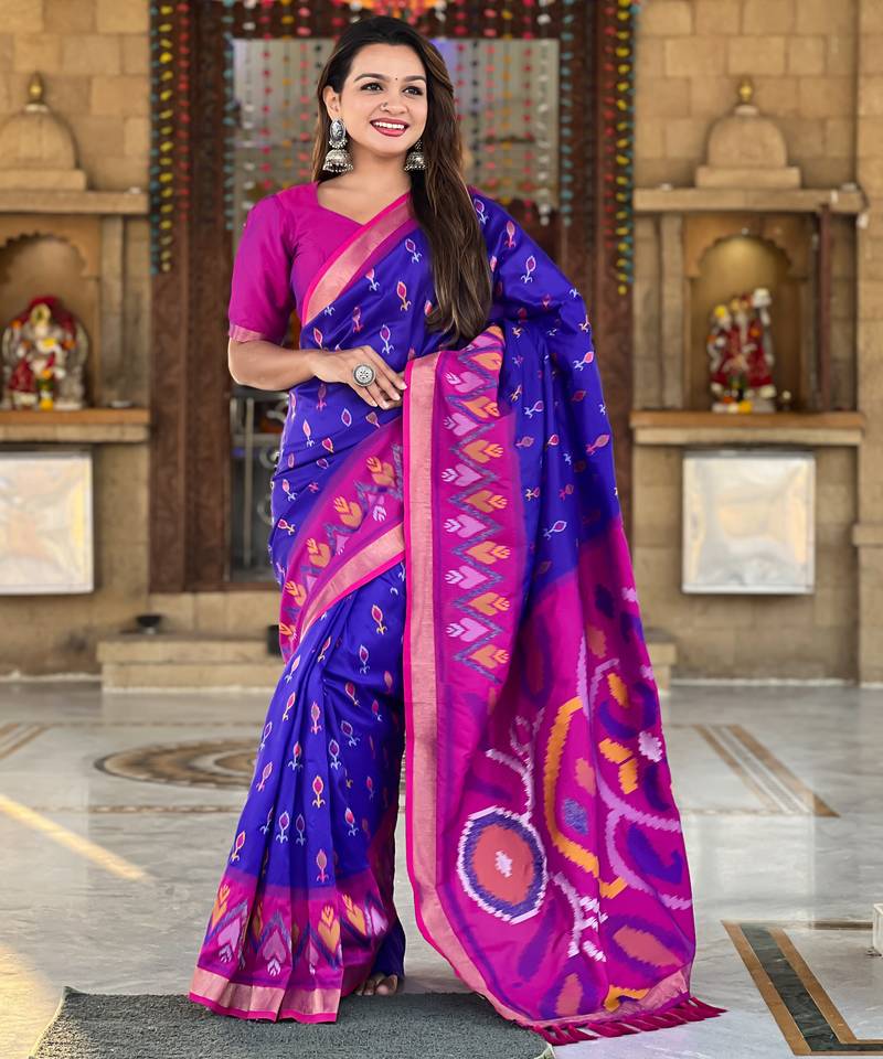 Royal blue silk blend ikkat and patola weaving concept saree & contrast blouse