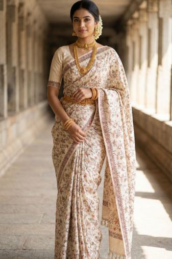 White color embroidery and zarii weaving art silk saree