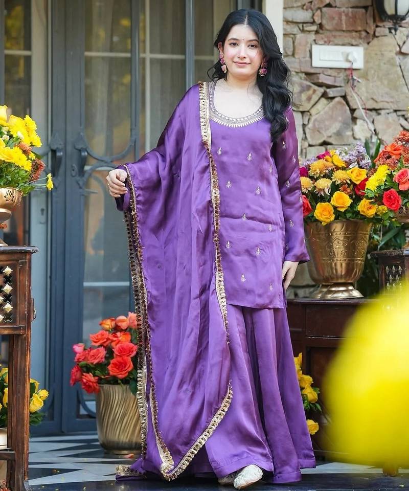 Lavender color beautiful silk crepe fabric glamorous ceremonial looks salwar kameez