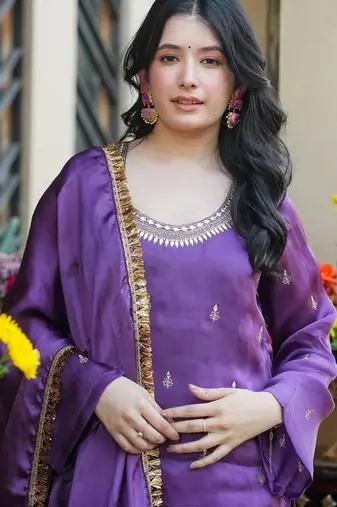 Lavender color beautiful silk crepe fabric glamorous ceremonial looks salwar kameez