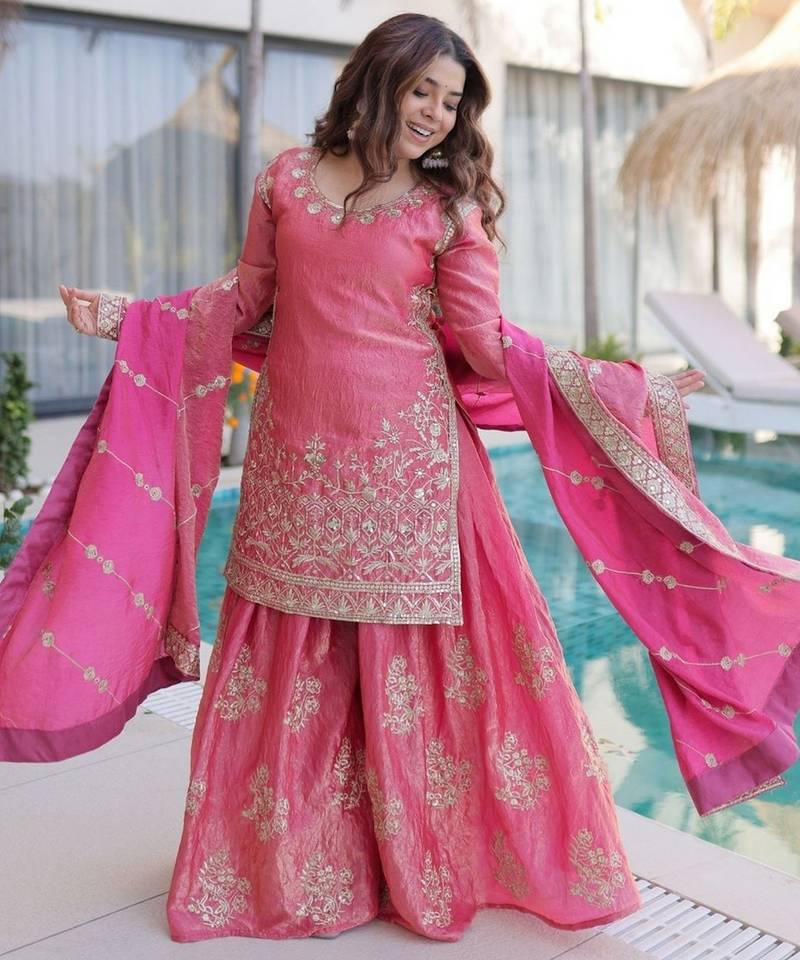 Pink color beautiful fendy silk fabric glamorous ceremonial looks salwar kameez