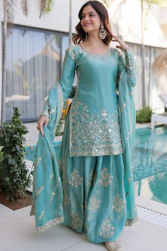 Sky blue color beautiful fendy silk fabric glamorous ceremonial looks salwar kameez