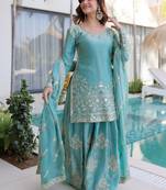 Sky blue color beautiful fendy silk fabric glamorous ceremonial looks salwar kameez
